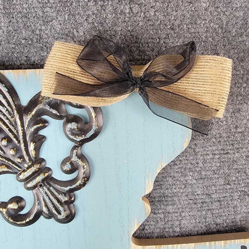 Louisiana State Blue Wooden Wall Decor Sign Cutout Fleur De Lis Bow 13